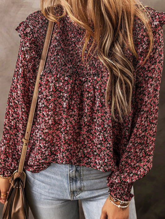 Fiery Red Floral Smocked Ruffle Long Sleeve Blouse for Women