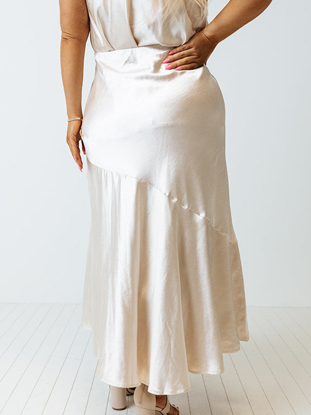 Beige Satin Split Ruffled High Waist Plus Size Skirt