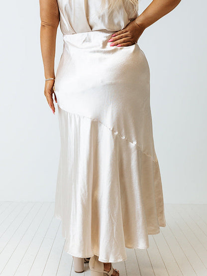 Beige Satin Split Ruffled High Waist Plus Size Skirt