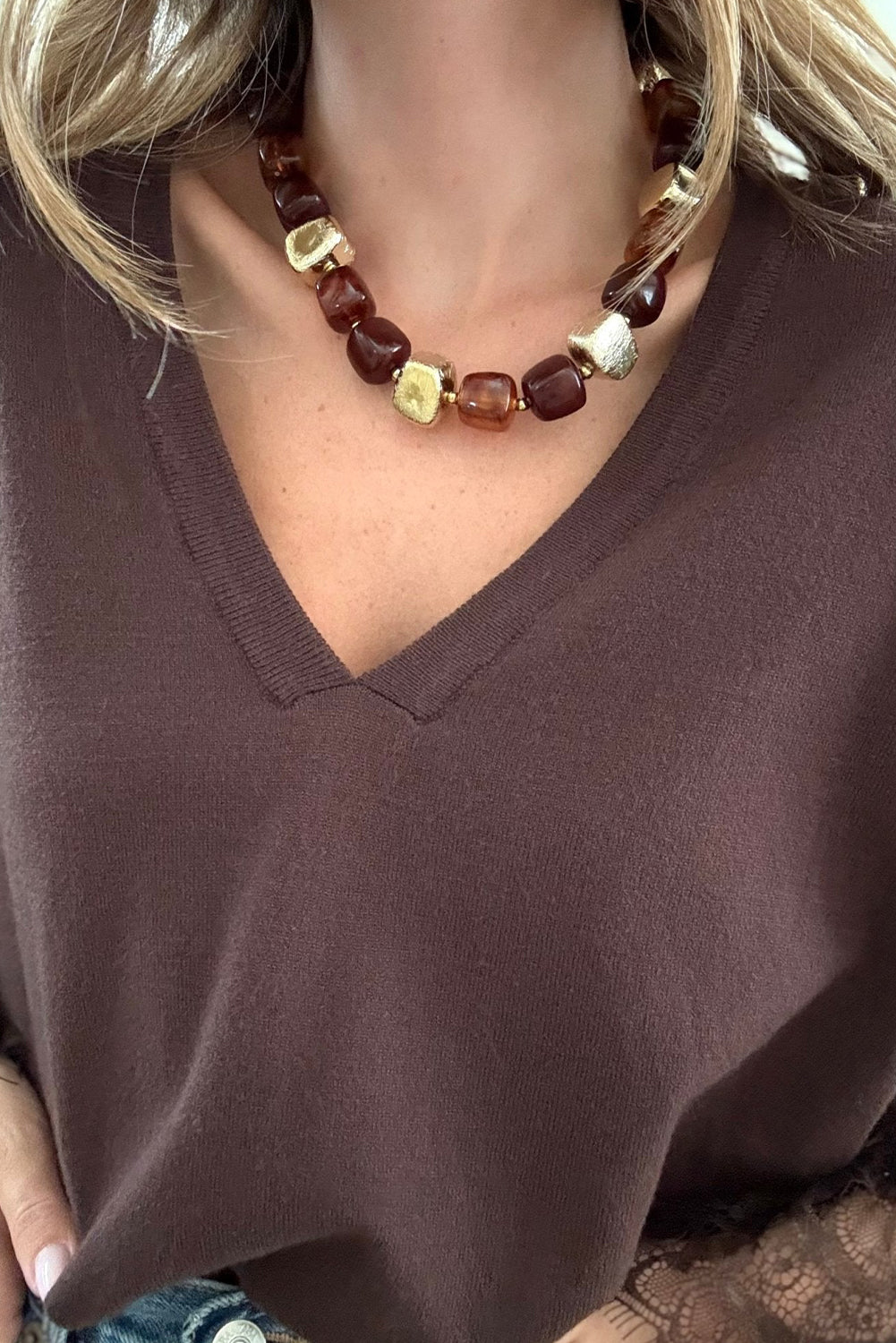 Chicory Coffee lace panel sweater