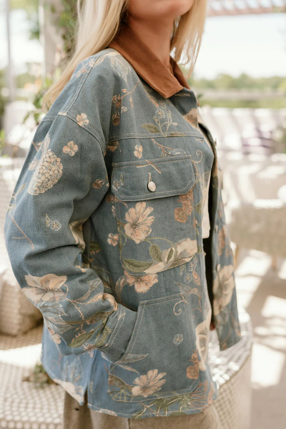 Sky Blue Floral Print Denim Contrasted Corduroy Collar Patchwork Jacket