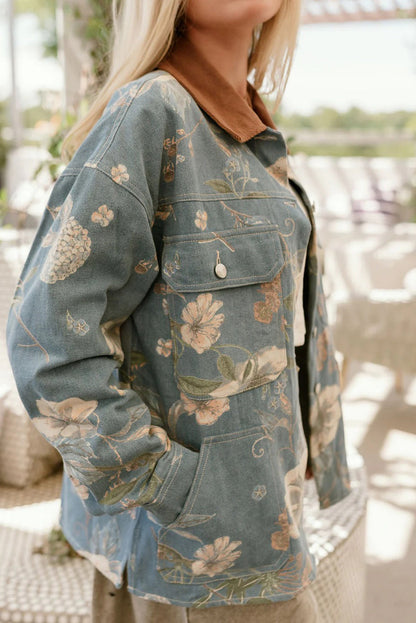 Sky Blue Floral Print Denim Contrasted Corduroy Collar Patchwork Jacket