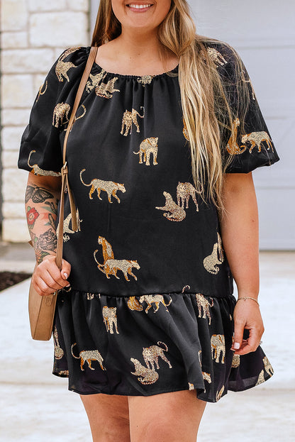 Cheetah Wonderland Plus Size Mini Dress with Puff Sleeve Flair