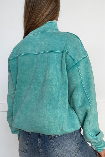 Turquoise Zip Up Stand Neck Mineral Wash Sweatshirt