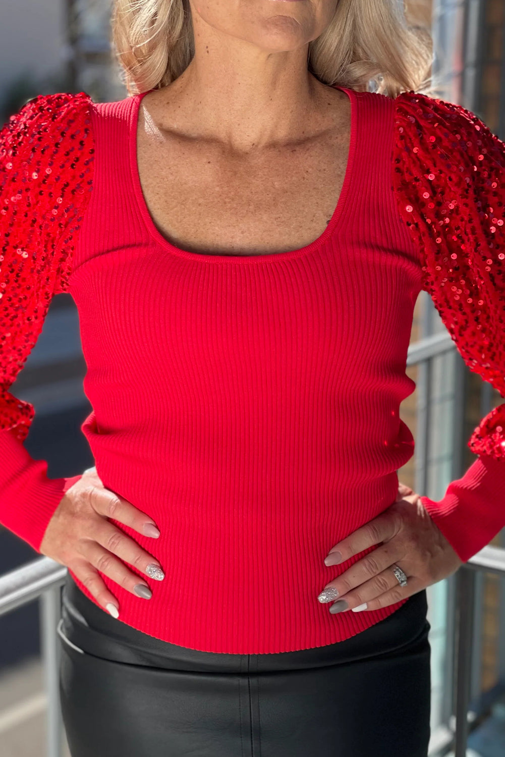 Fiery Red Sequin Sleeve Patchwork Ribbing Knit Square Neck Holiday Sweater