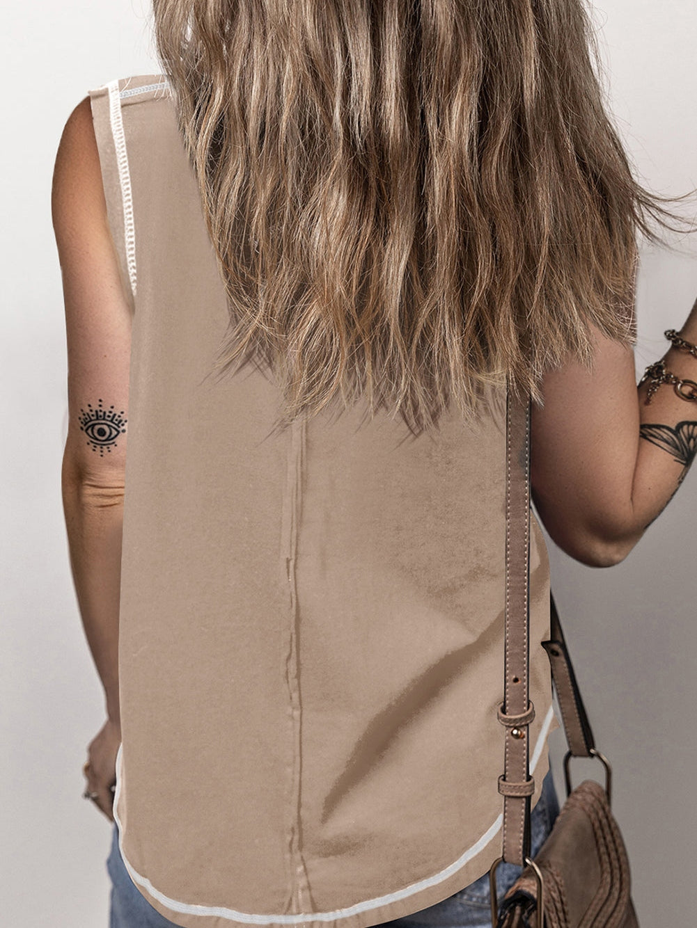 French Beige Henley Tank Top with Chic Contrast Stitching
