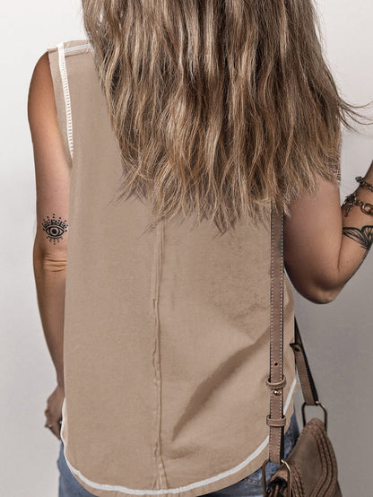 French Beige Henley Tank Top with Chic Contrast Stitching