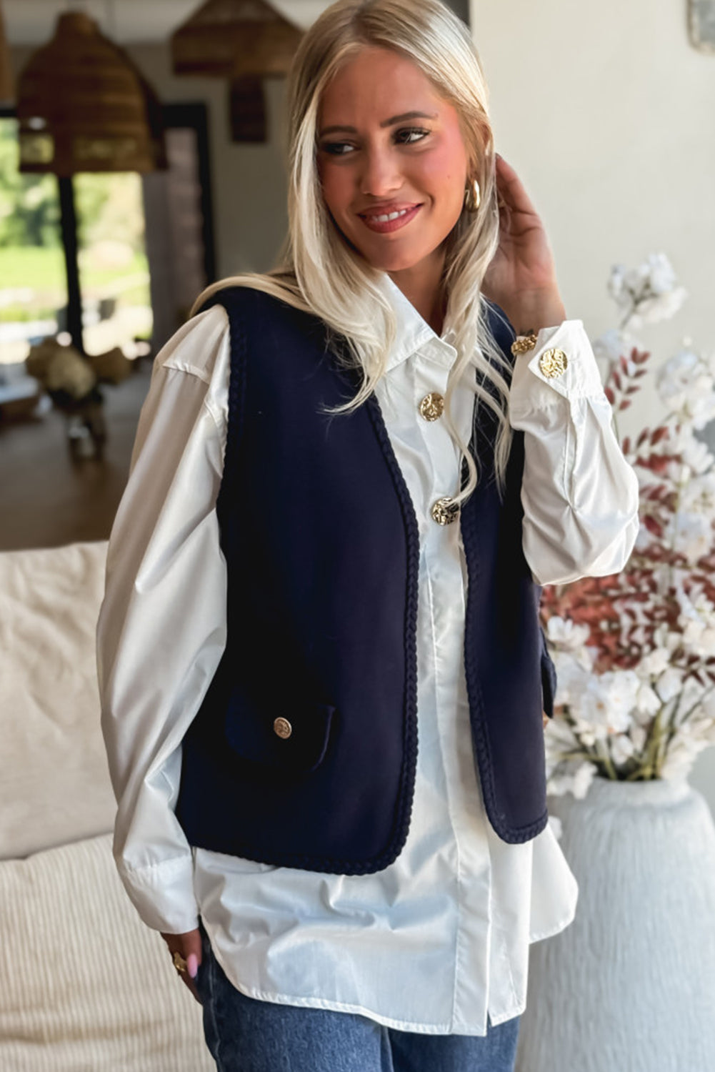 Dirty blue Braided Trim Open Front Vest