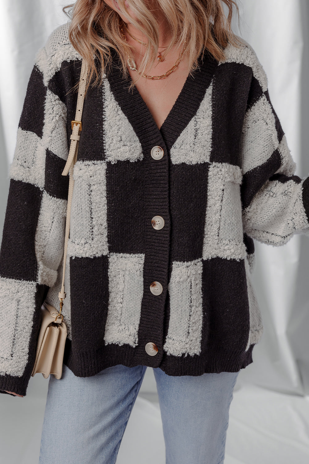 Black Button Front V Neck Checkered Pattern Knit Sweater Cardigan
