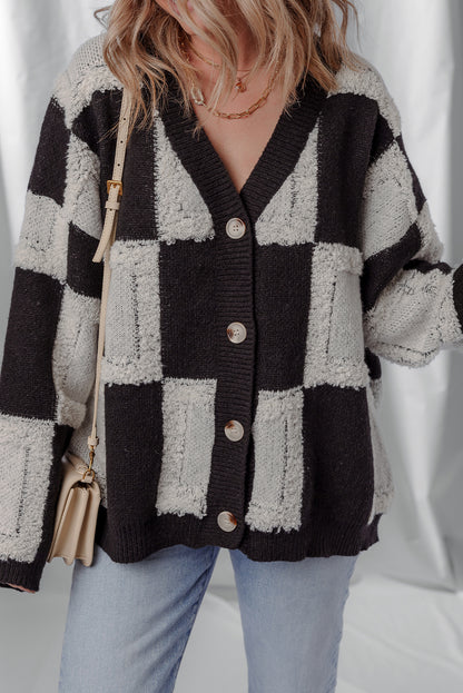 Black Button Front V Neck Checkered Pattern Knit Sweater Cardigan