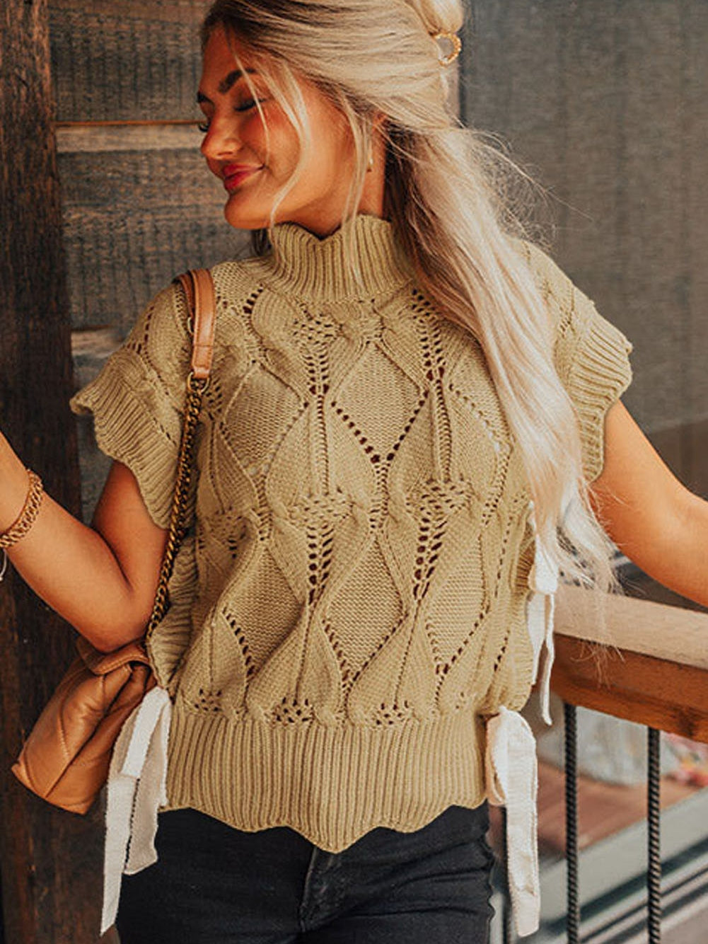 French Beige Scalloped Knit High Neck Sweater with Bow Accents