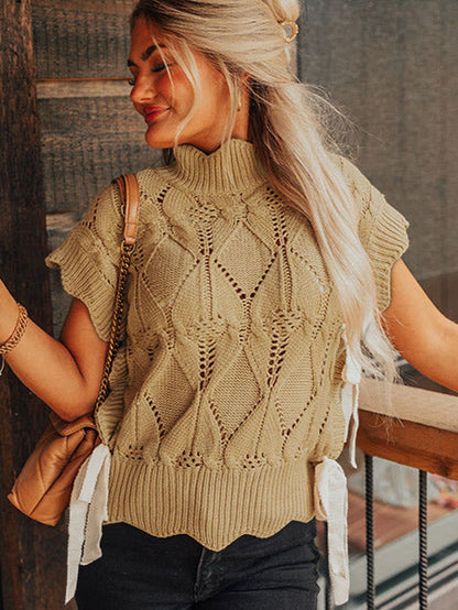 French Beige Scalloped Knit High Neck Sweater with Bow Accents