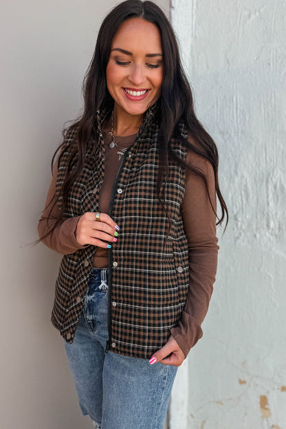 Green Retro Plaid Snap Button Zip Up Winter Vest