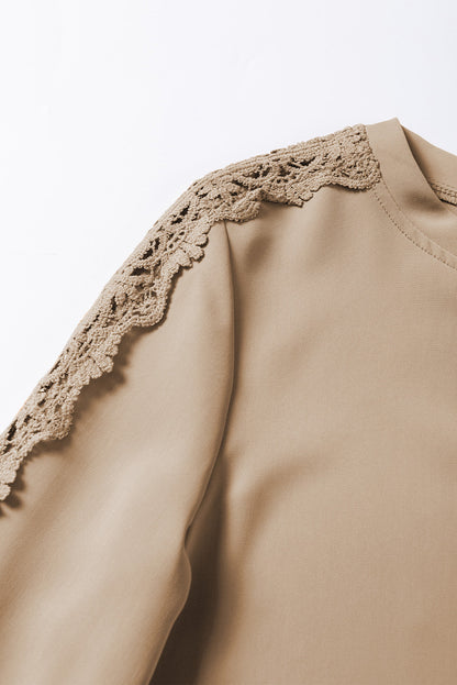 Elegant Light Beige Crochet Lace Patched Top with Crew Neck