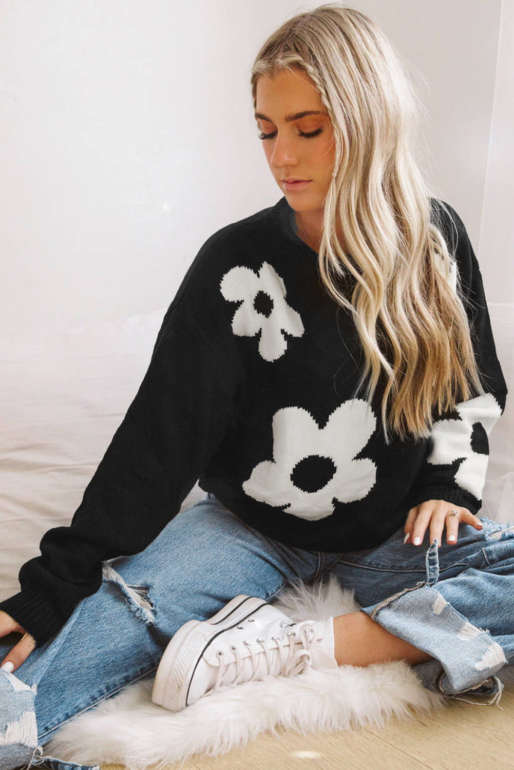 Elegant Black Floral Knit Sweater