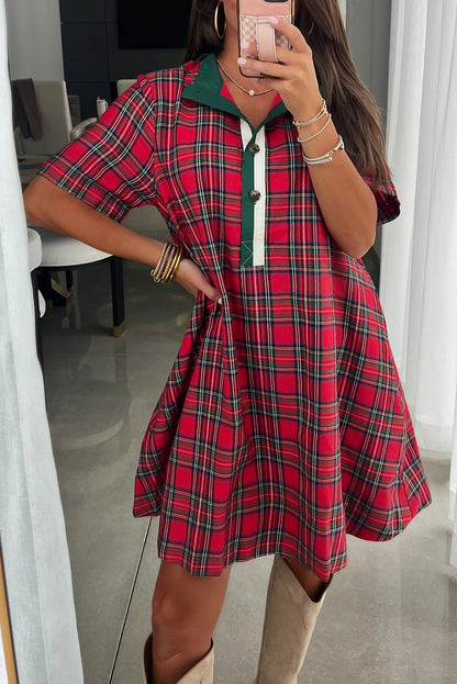 Red Christmas Plaid Striped Trim Button Neck Short Sleeve Dress