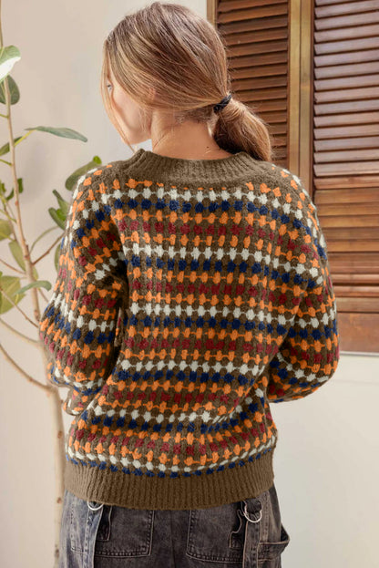 Brown Dotty Pattern Knit Button Front V Neck Sweater Cardigan