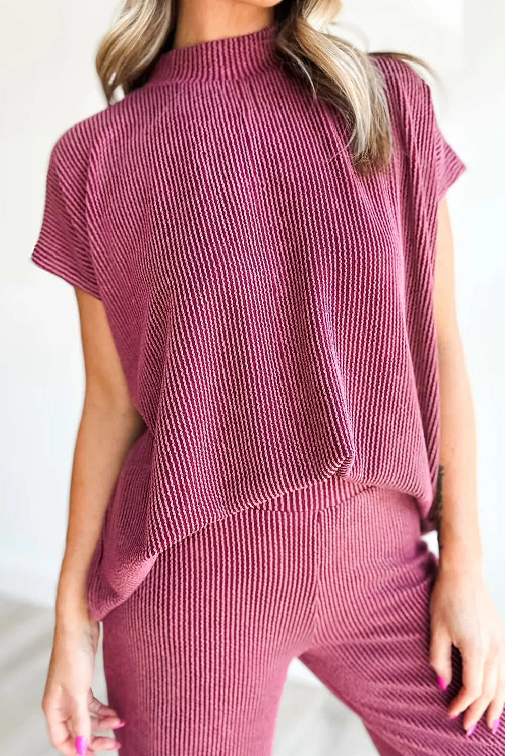 Burgundy Twisted Ribbed High Neck Loose Tee Elastic High Waist Loose Pant Set