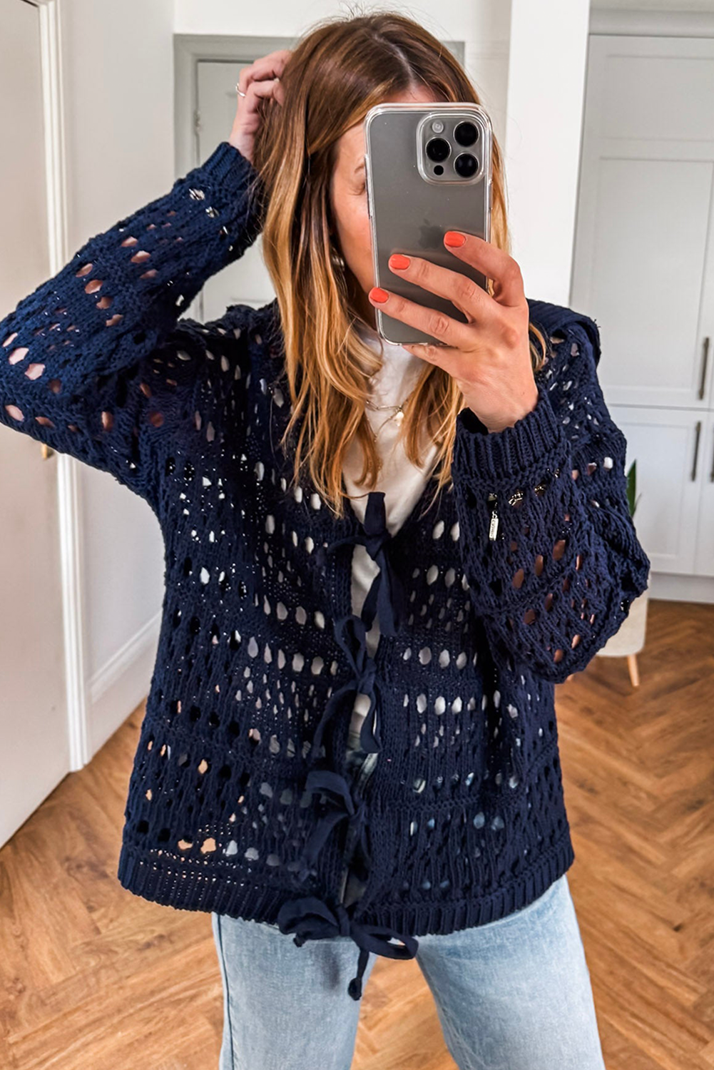 Navy Blue  Crochet Tie Front Cardigan