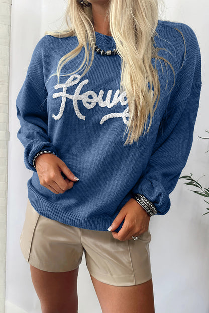 Dusk Blue Howdy Embroidered Graphic Western Sweater