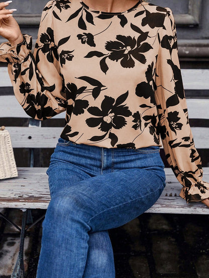 Khaki Floral Flounce Sleeve Back Knot Detail Blouse