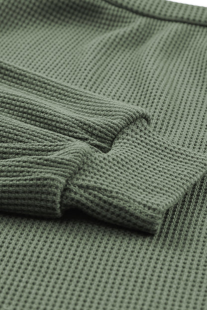 Green Square Neck Loose Fit Waffle Knit Long Sleeve Top
