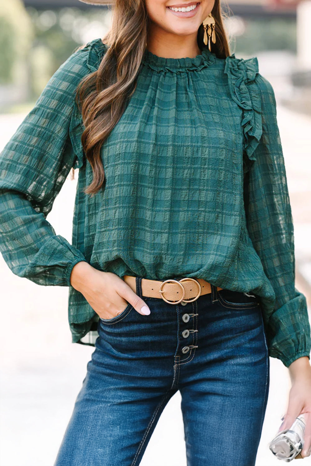 Skobeloff Solid Color Textured Ruffled Detail Long Sleeve Blouse