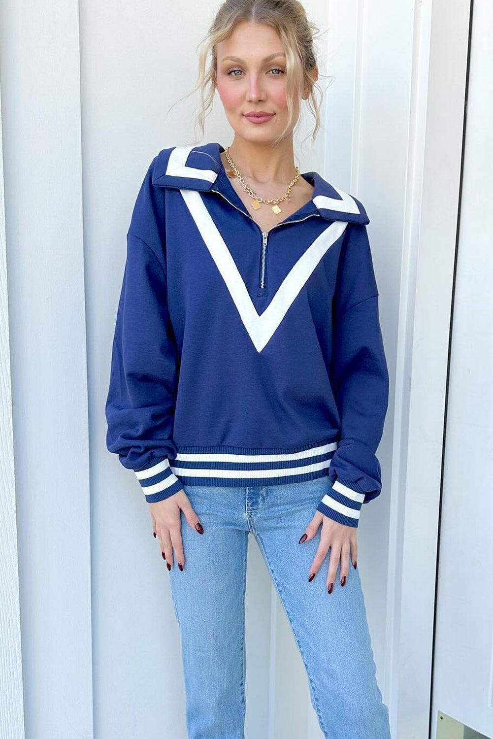 Navy Blue Nautical Striped Collar Quarter Zip Pullover Sweatshirt