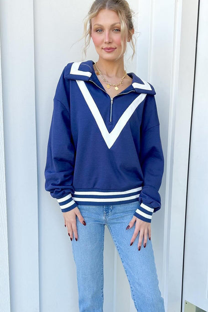 Navy Blue Nautical Striped Collar Quarter Zip Pullover Sweatshirt