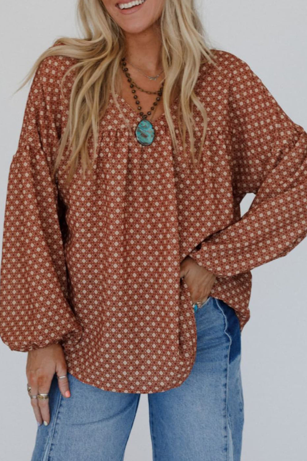 Brown Geometric Printed V Neck Drop Shoulder Puff Sleeve Blouse