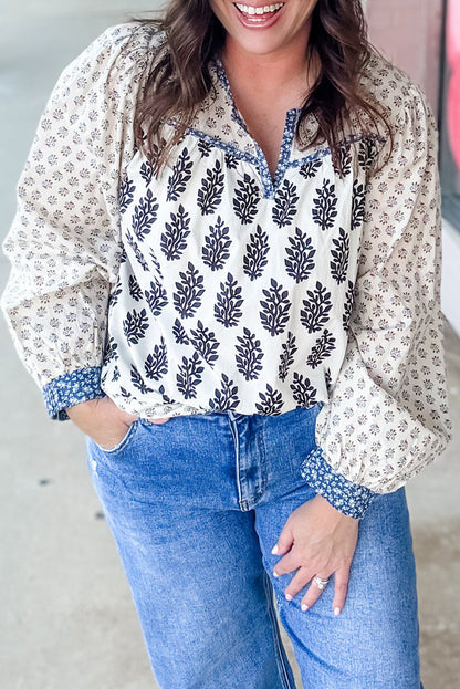 White Plus Size Boho Floral Print Contrast Trim Split Neck Long Sleeve Patchwork Blouse