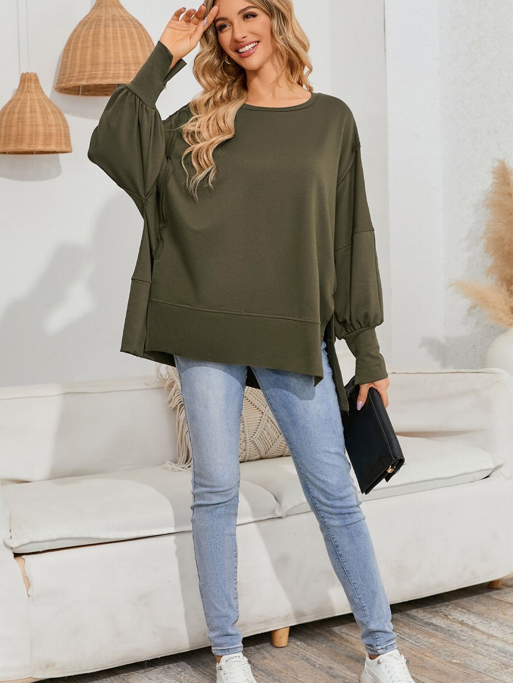 Green Patchwork Oversized Drop Shoulder Top