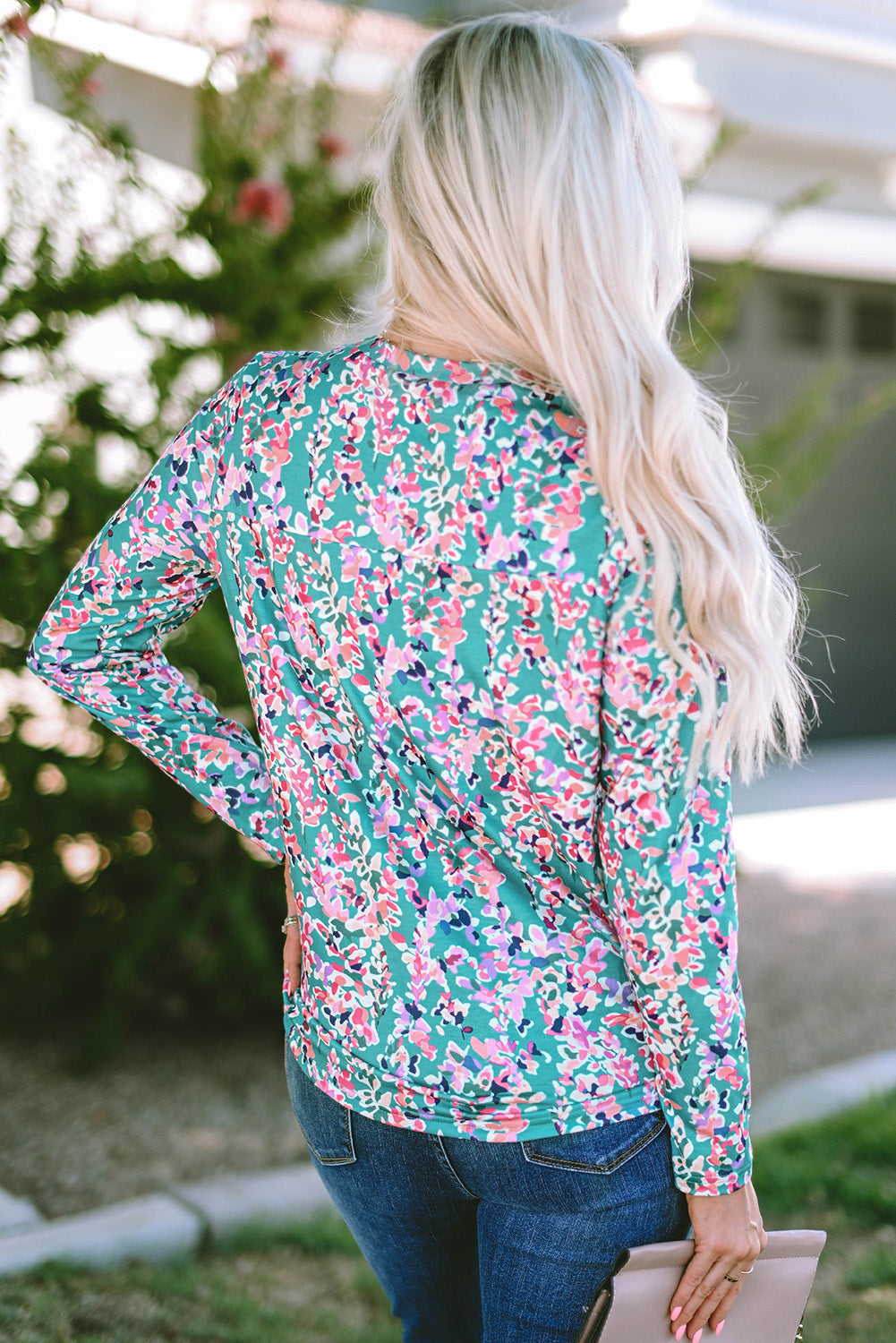 Green Floral Pleated Round Neck Long Sleeve Blouse - Southern Belle Style Shift Top