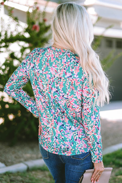 Green Floral Pleated Round Neck Long Sleeve Blouse - Southern Belle Style Shift Top