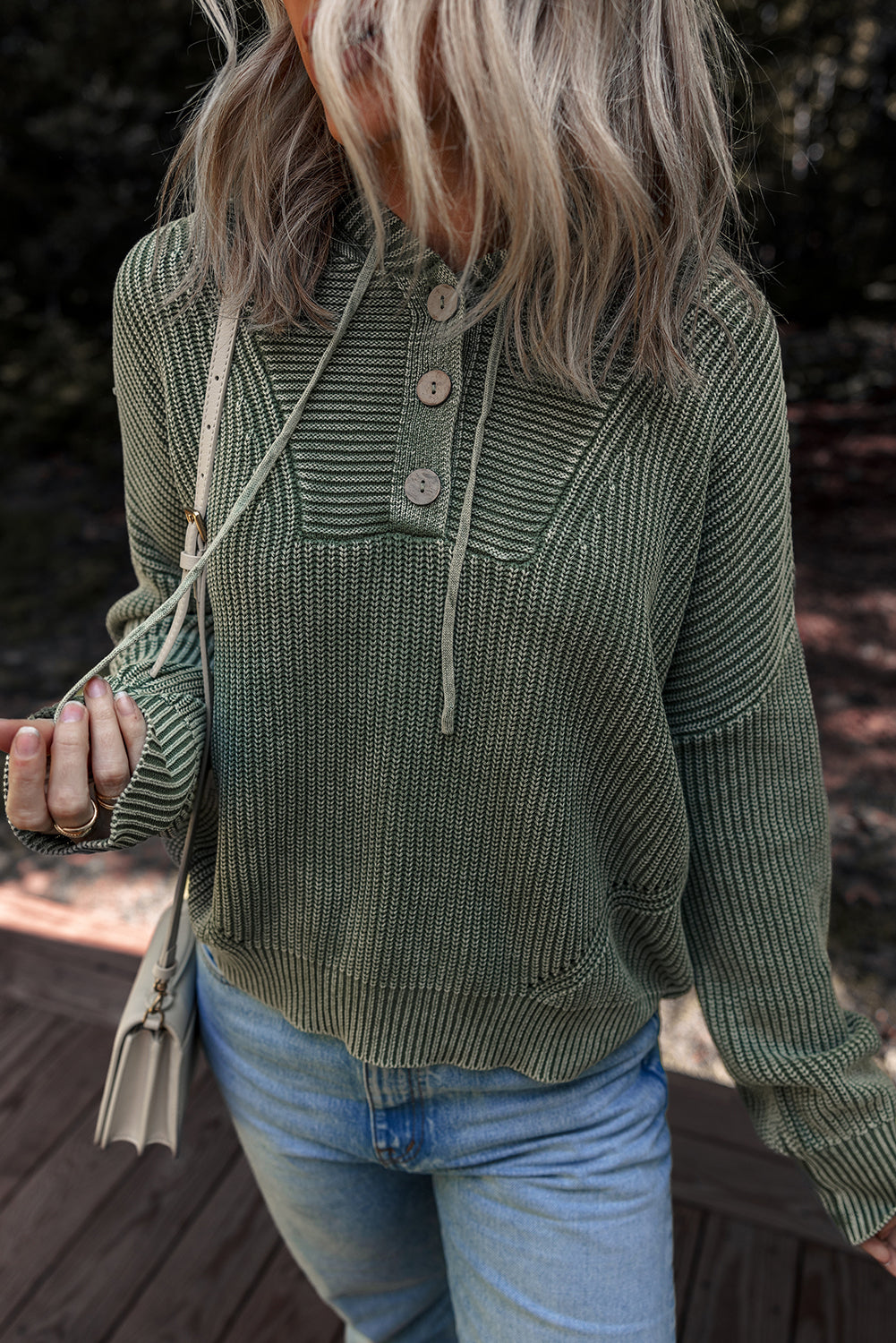 Mist Green Mineral Wash Ribbed Knit Button Drawstring Neck Hooded Sweater