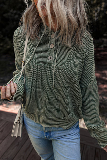 Mist Green Mineral Wash Ribbed Knit Button Drawstring Neck Hooded Sweater