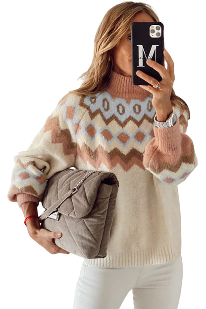 Khaki Ribbed Trim Geometric Pattern High Neck Sweater