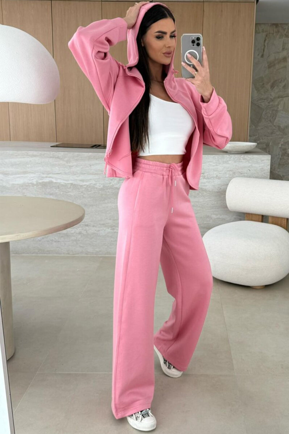 Pink Solid Color Zip Up Hoodie Drawstring Loose Pants Set