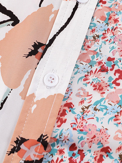 Fiery Red Floral Patchwork Button-Up Blouse with Front Pocket