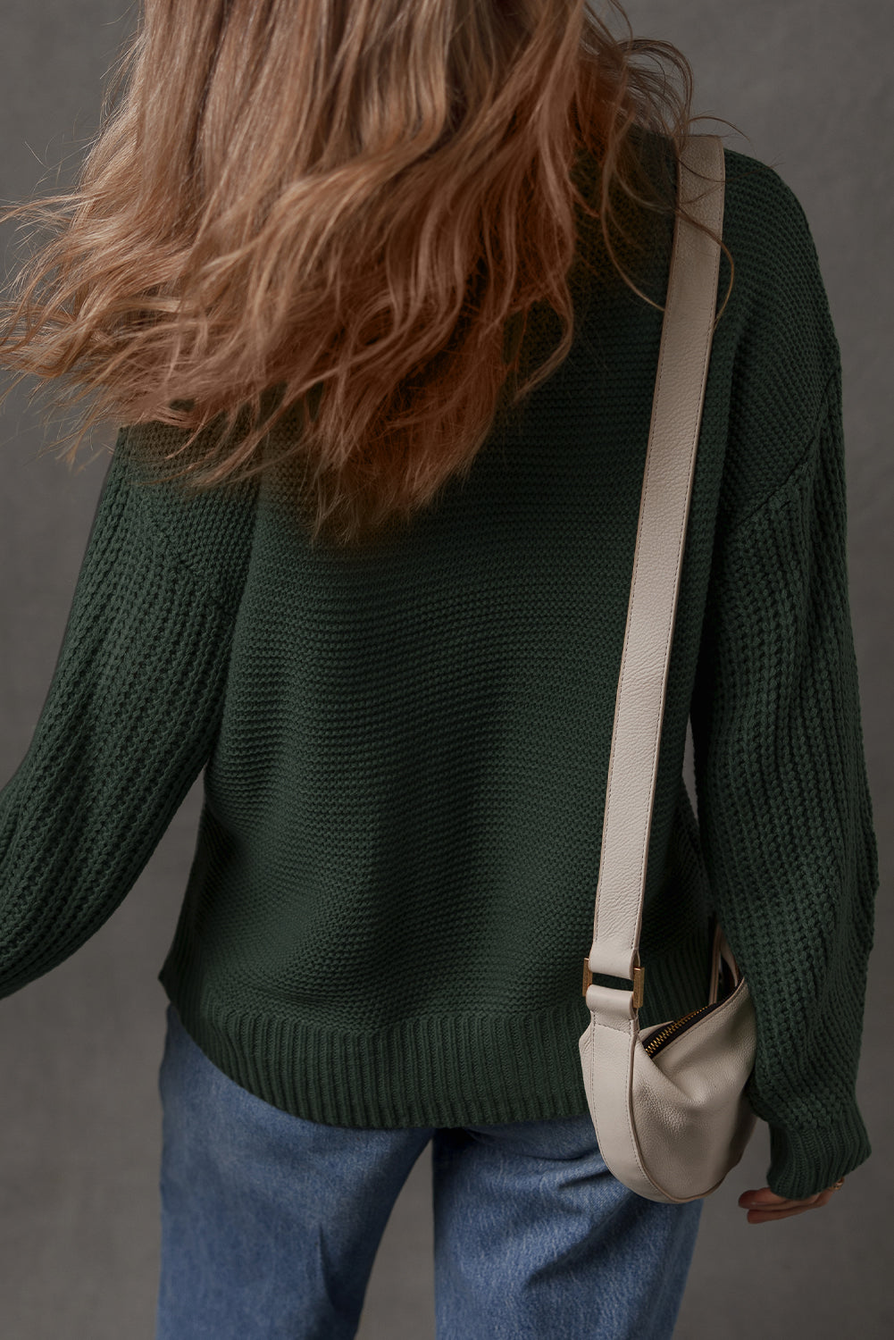 Mist Green Solid Color Front Seam Drop Shoulder Loose Sweater