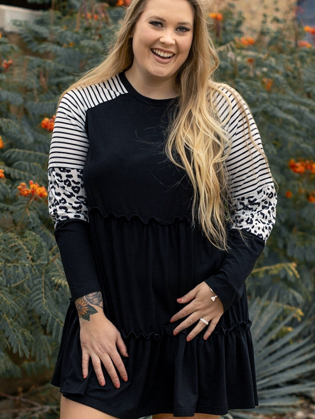 Black Plus Size Striped Leopard Patch Sleeve Ruffle Tiered Dress