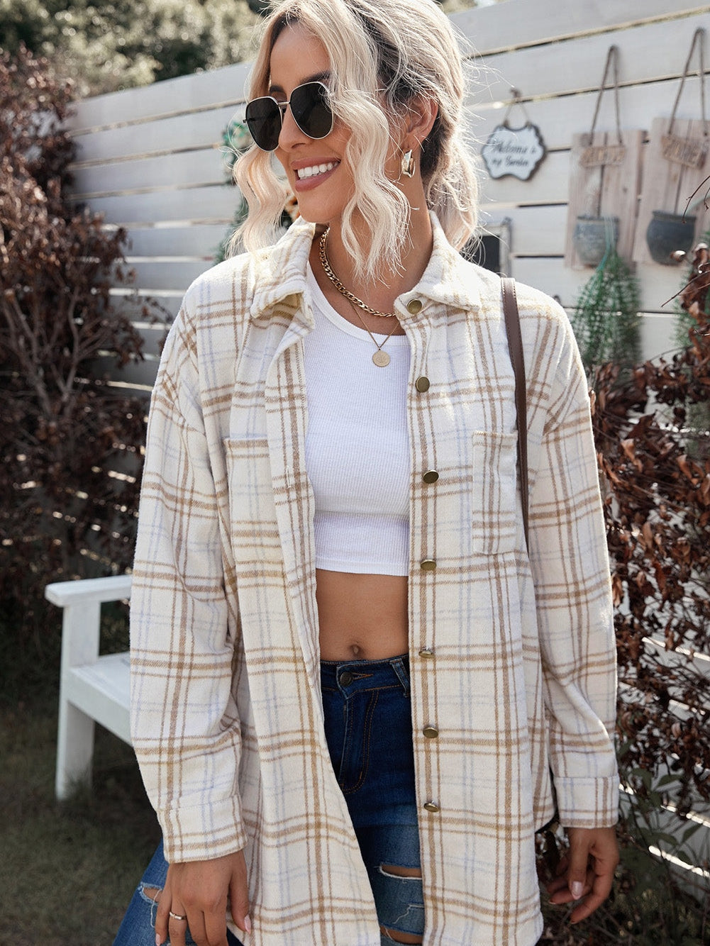 Khaki Plaid Button-Up Shirt Jacket with Side Slits