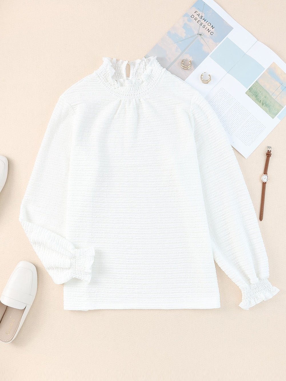 Elegant Textured White Lantern Sleeve Blouse with Smocked High Neck