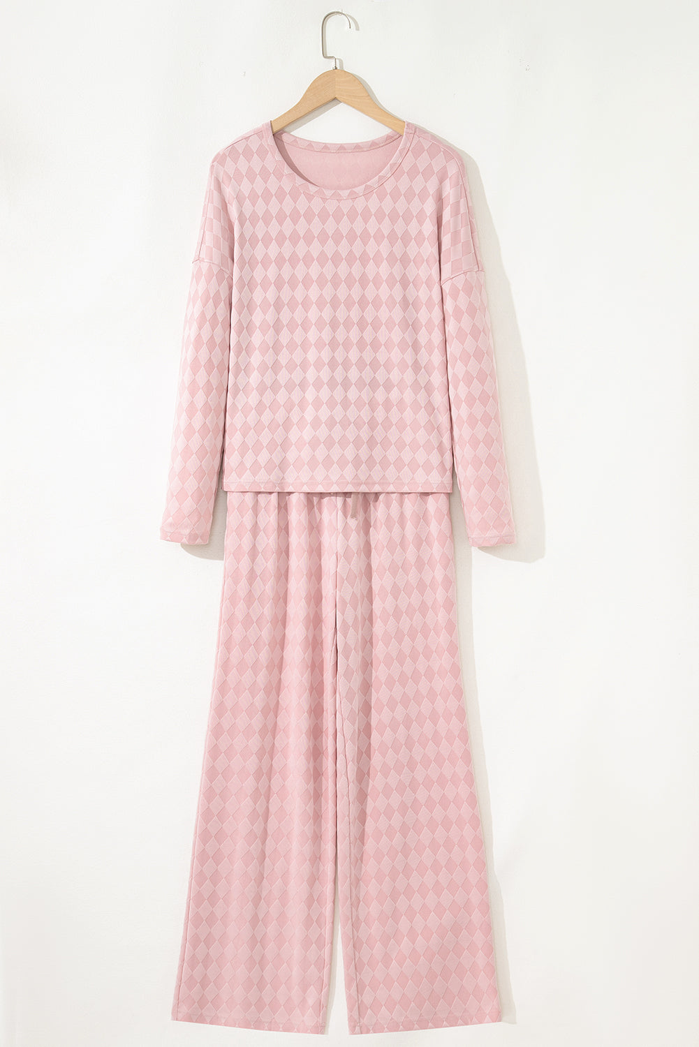 Light Pink Rhombus Pattern Knit Long Sleeve Top Pocketed Drawstring Lounge Pant Set
