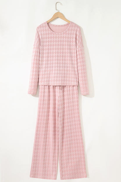 Light Pink Rhombus Pattern Knit Long Sleeve Top Pocketed Drawstring Lounge Pant Set