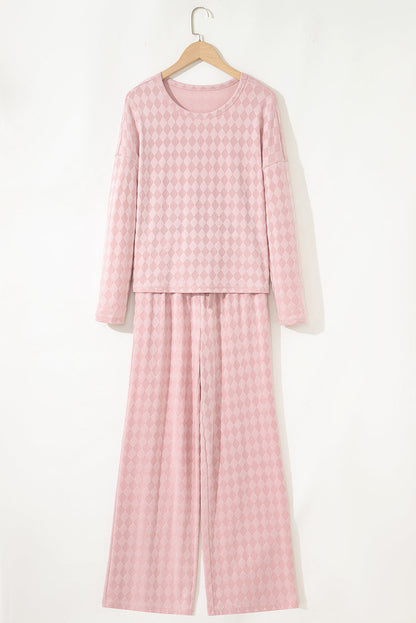 Light Pink Rhombus Pattern Knit Long Sleeve Top Pocketed Drawstring Lounge Pant Set