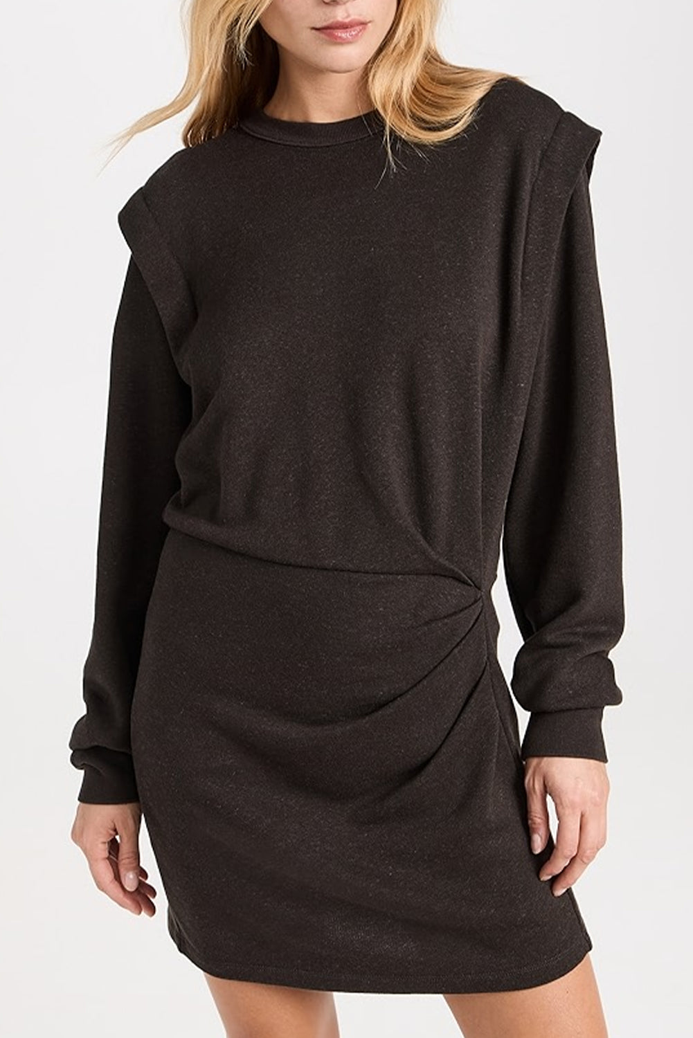 Carbon Grey Solid Color Faux-two-piece Patchwork Long Sleeve Pleated Detail Mini Dress