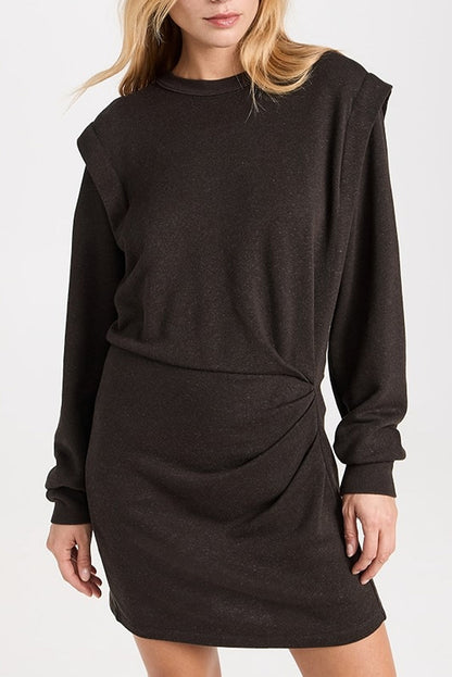 Carbon Grey Solid Color Faux-two-piece Patchwork Long Sleeve Pleated Detail Mini Dress