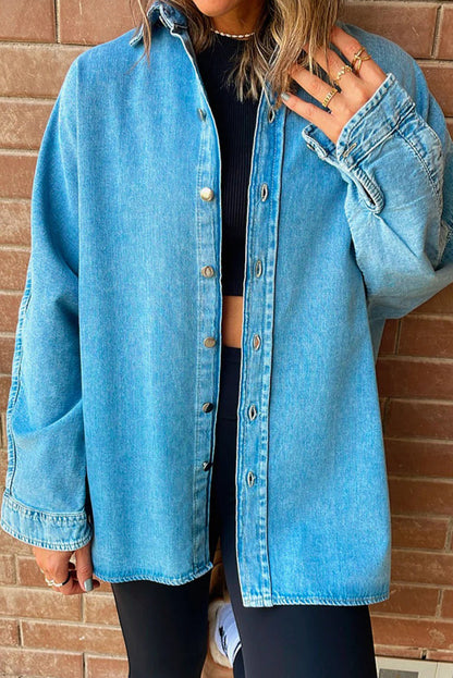Light Blue Contrast Panel Patchwork Button Down Boyfriend Style Denim Jacket