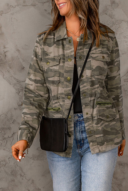 Green Camouflage Print Utility Jacket with Button Closure and Multiple Pockets